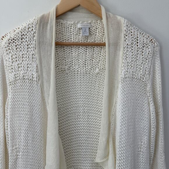 Chico's Crochet Knit Open Cream Waterfall Cardigan Sz L 2 Cotton Old Money Work - Picture 2 of 7